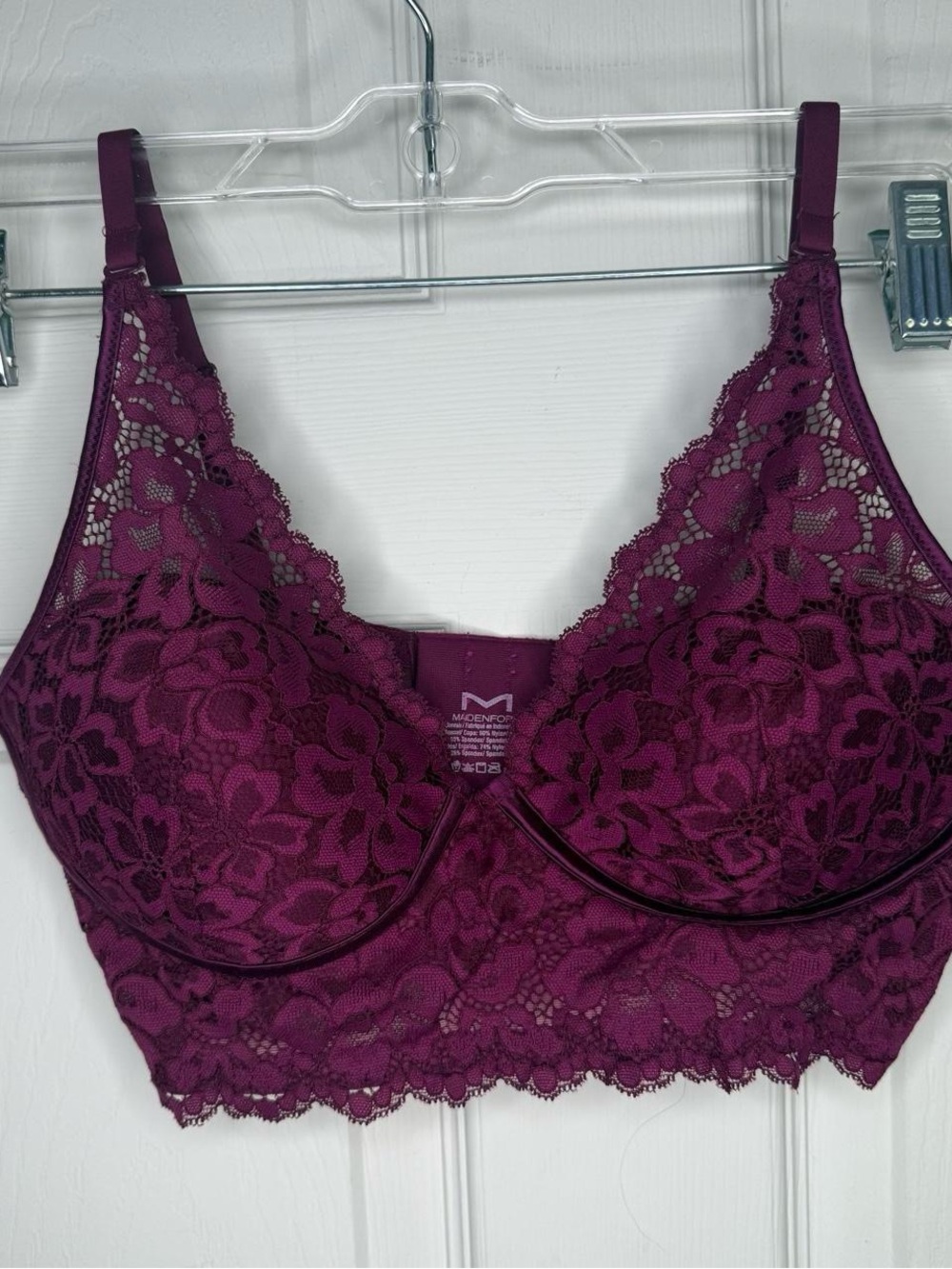 Maidenform Floral Purple Lace Coquette Comfy Adjustable Wireless Bralette, 34C.